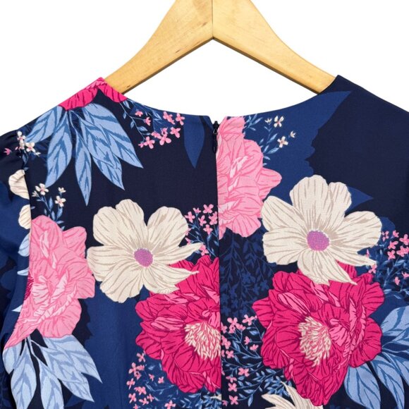 Eliza J Floral Faux Wrap Midi Dress Navy Blue Multi 3/4 Sleeve Lined Size 4 - Picture 6 of 13